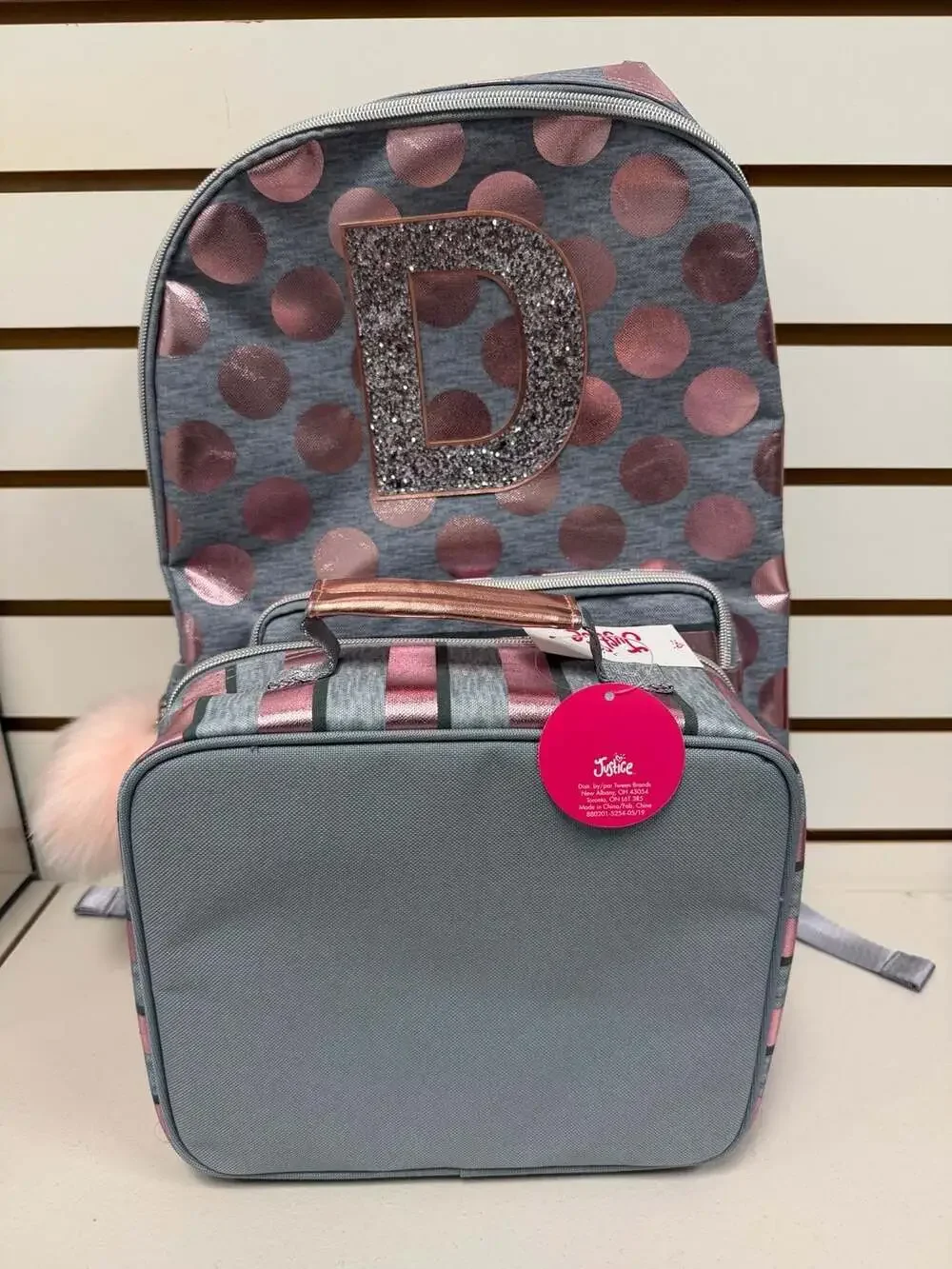 Justice  Grey and Rose Gold  Initial 'D' Backpack and Lunch Tote NWT
